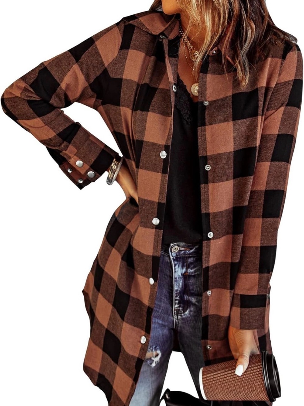 Plaid Button-Up Longline Shirt Jacket - Brown & Black